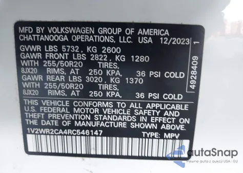 2024 Volkswagen Atlas 2.0T Se W/Technology из США, поврежденный, VIN 1V2WR2CA4RC546147